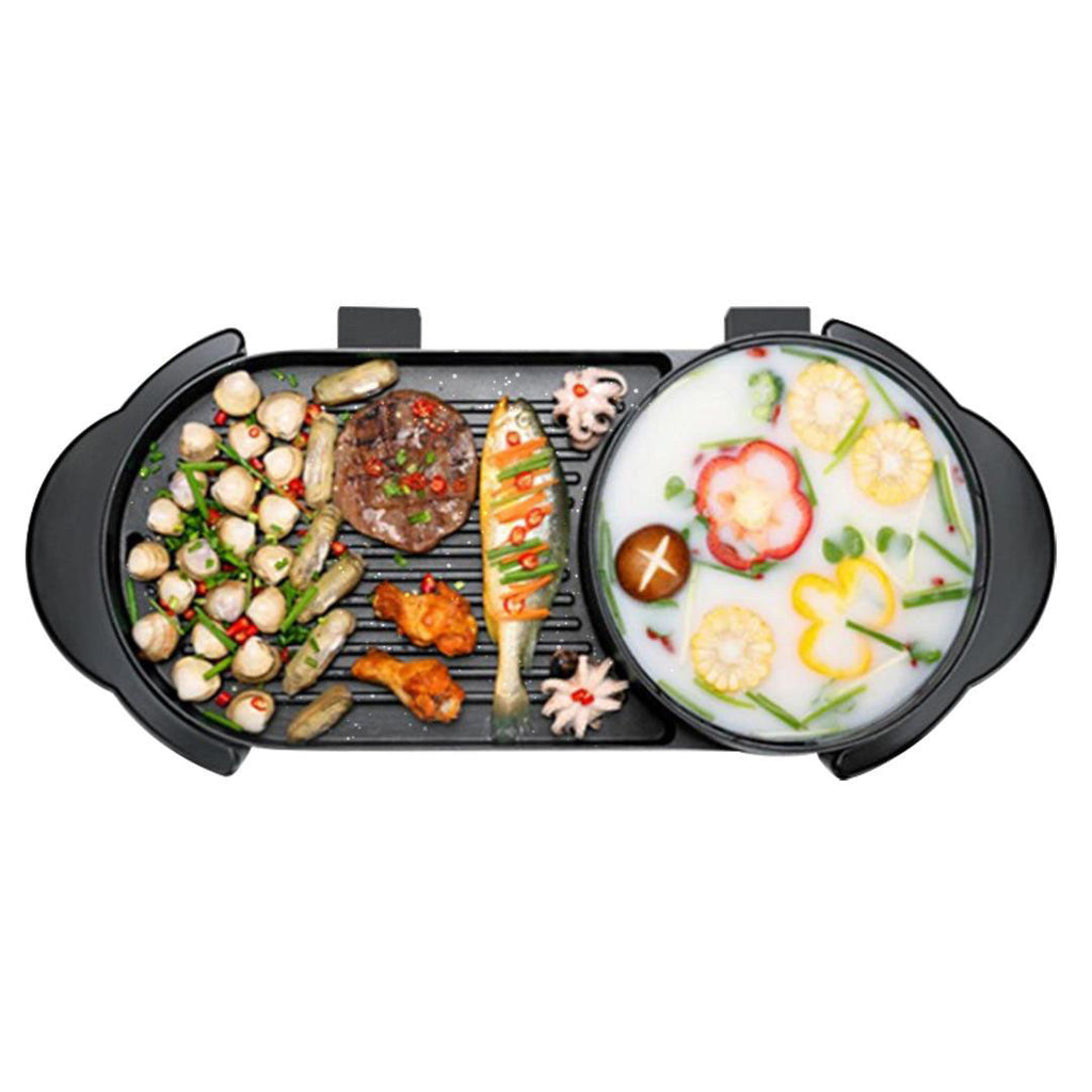 NNEAGS 2 in 1 Electric Non-Stick BBQ Teppanyaki Grill Plate Steamboat Hotpot 2-8 Person-0