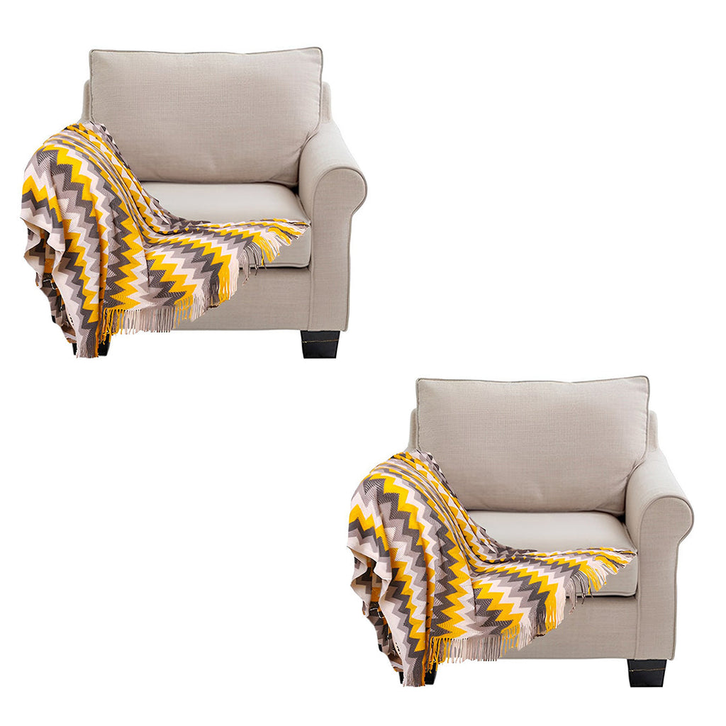 NNEAGS 2X 220cm Yellow Zigzag Striped Throw Blanket Acrylic Wave Knitted Fringed Woven Cover Couch Bed Sofa Home Decor-0