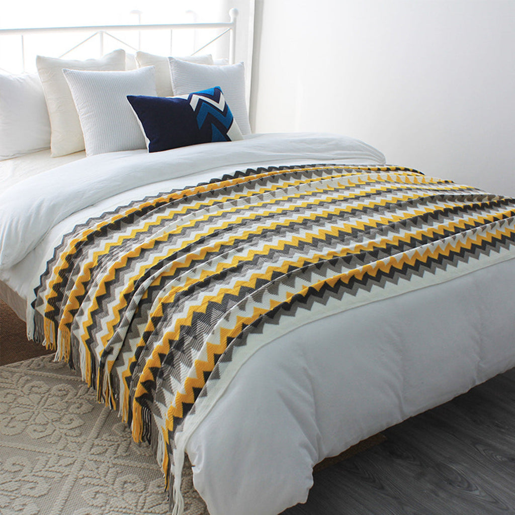 NNEAGS 2X 220cm Yellow Zigzag Striped Throw Blanket Acrylic Wave Knitted Fringed Woven Cover Couch Bed Sofa Home Decor-1