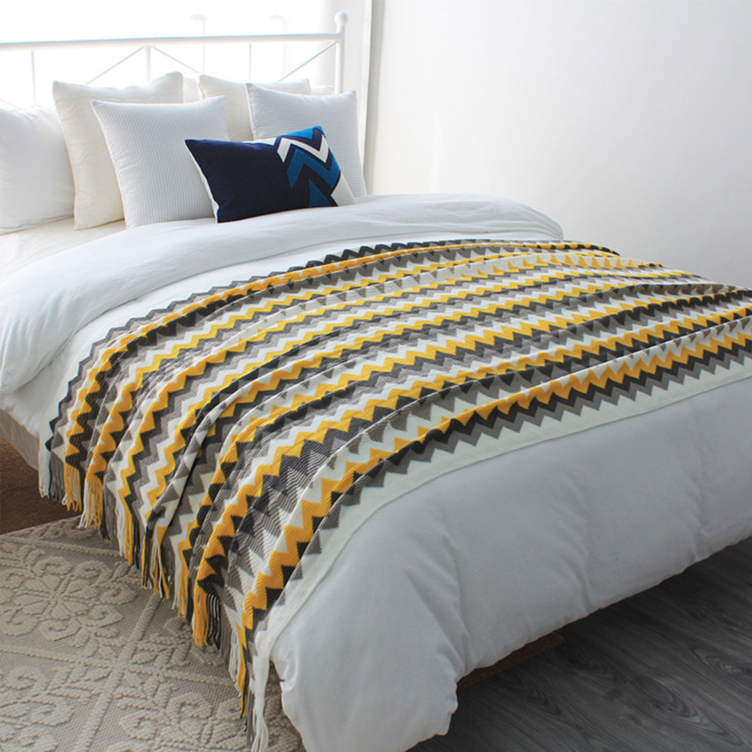NNEAGS 2X 220cm Yellow Zigzag Striped Throw Blanket Acrylic Wave Knitted Fringed Woven Cover Couch Bed Sofa Home Decor-1