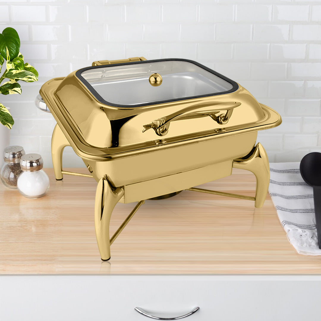 NNEAGS Gold Plated Stainless Steel Square Chafing Dish Tray Buffet Cater Food Warmer Chafer with Top Lid-1
