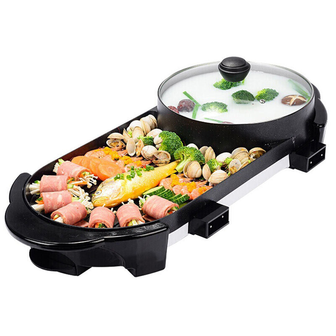 NNEAGS 2 in 1 Electric Non-Stick BBQ Teppanyaki Grill Plate Steamboat Hotpot 2-8 Person-1