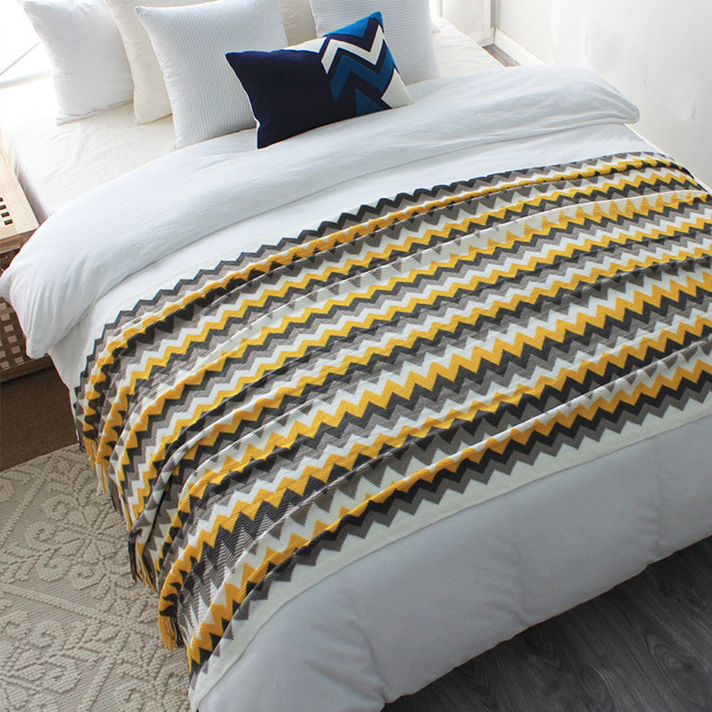 NNEAGS 2X 220cm Yellow Zigzag Striped Throw Blanket Acrylic Wave Knitted Fringed Woven Cover Couch Bed Sofa Home Decor-2