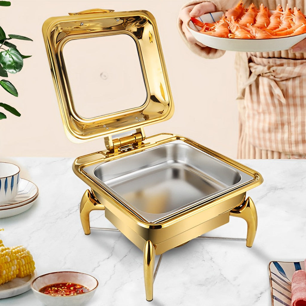 NNEAGS Gold Plated Stainless Steel Square Chafing Dish Tray Buffet Cater Food Warmer Chafer with Top Lid-2