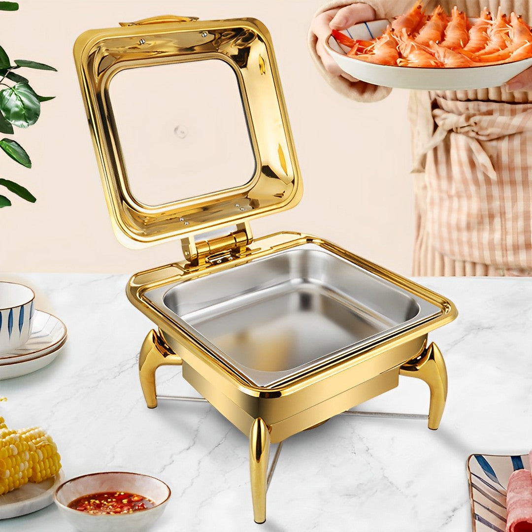 NNEAGS Gold Plated Stainless Steel Square Chafing Dish Tray Buffet Cater Food Warmer Chafer with Top Lid-2