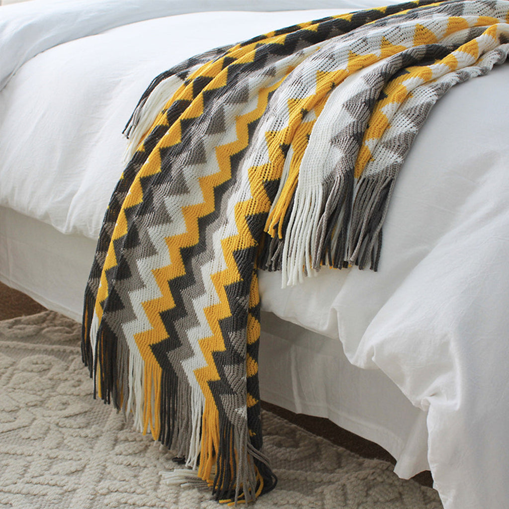 NNEAGS 2X 220cm Yellow Zigzag Striped Throw Blanket Acrylic Wave Knitted Fringed Woven Cover Couch Bed Sofa Home Decor-3