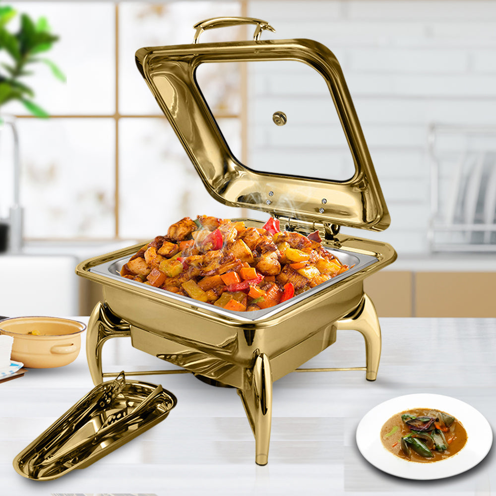 NNEAGS Gold Plated Stainless Steel Square Chafing Dish Tray Buffet Cater Food Warmer Chafer with Top Lid-3