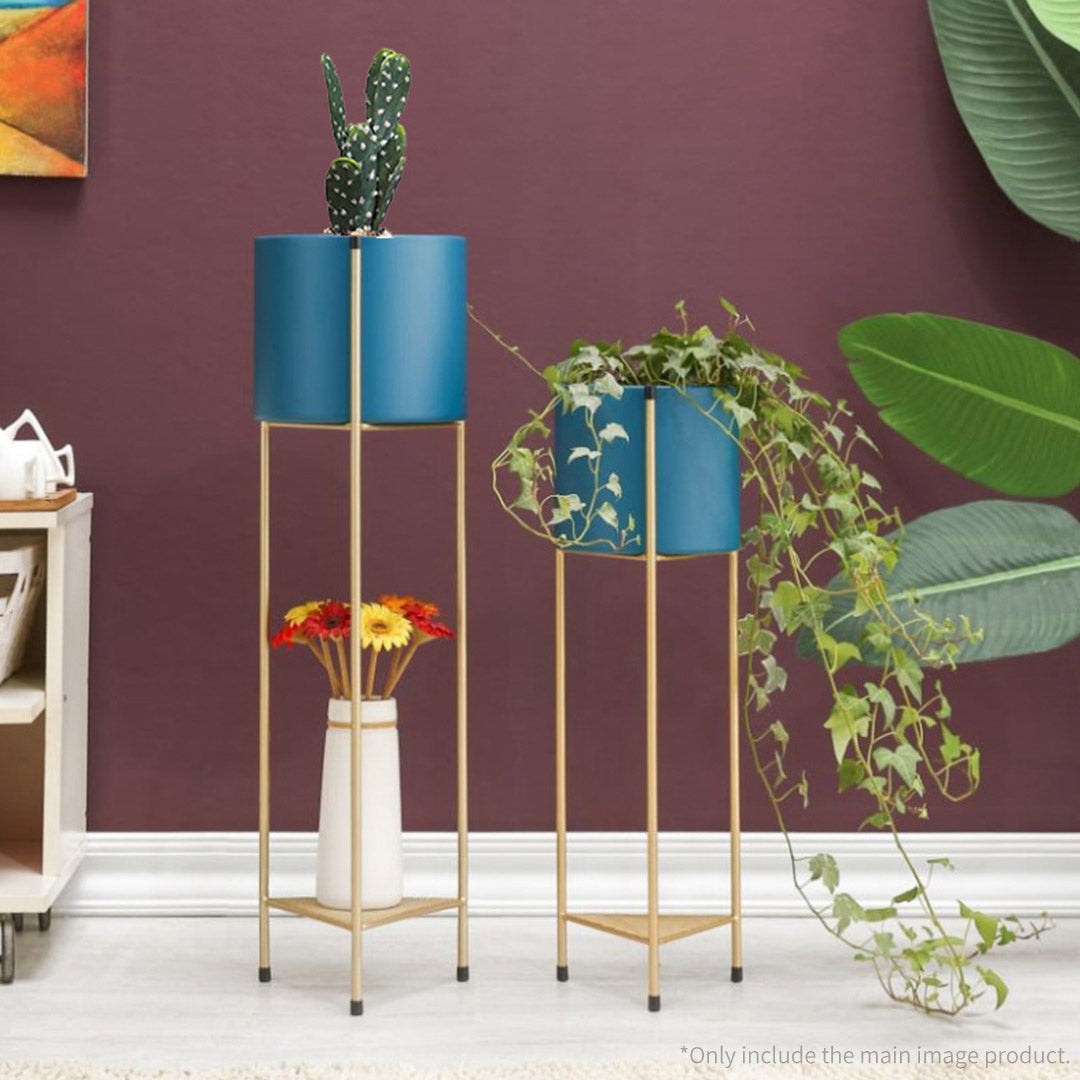 NNEAGS 4X 2 Layer 65cm Gold Metal Plant Stand with Blue Flower Pot Holder Corner Shelving Rack Indoor Display-3