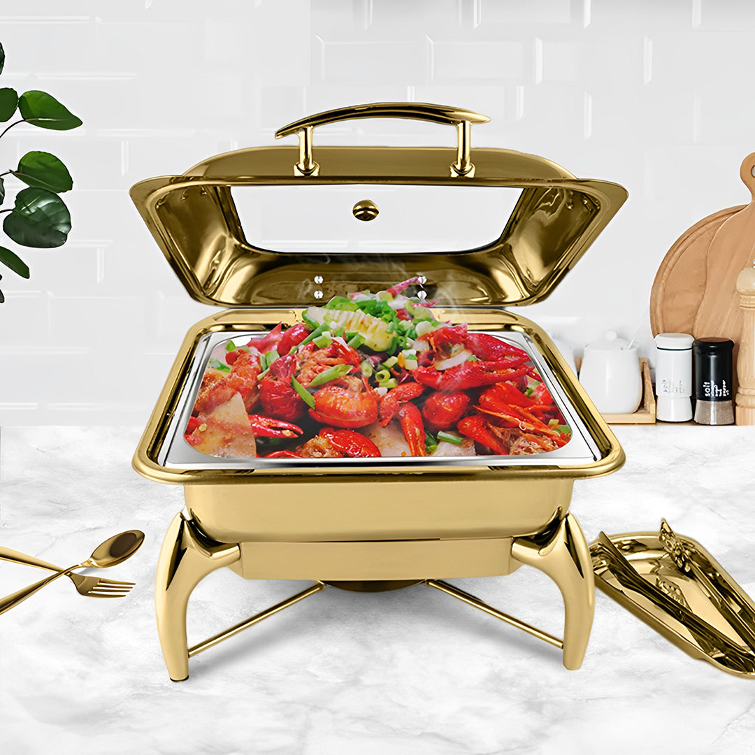 NNEAGS Gold Plated Stainless Steel Square Chafing Dish Tray Buffet Cater Food Warmer Chafer with Top Lid-4
