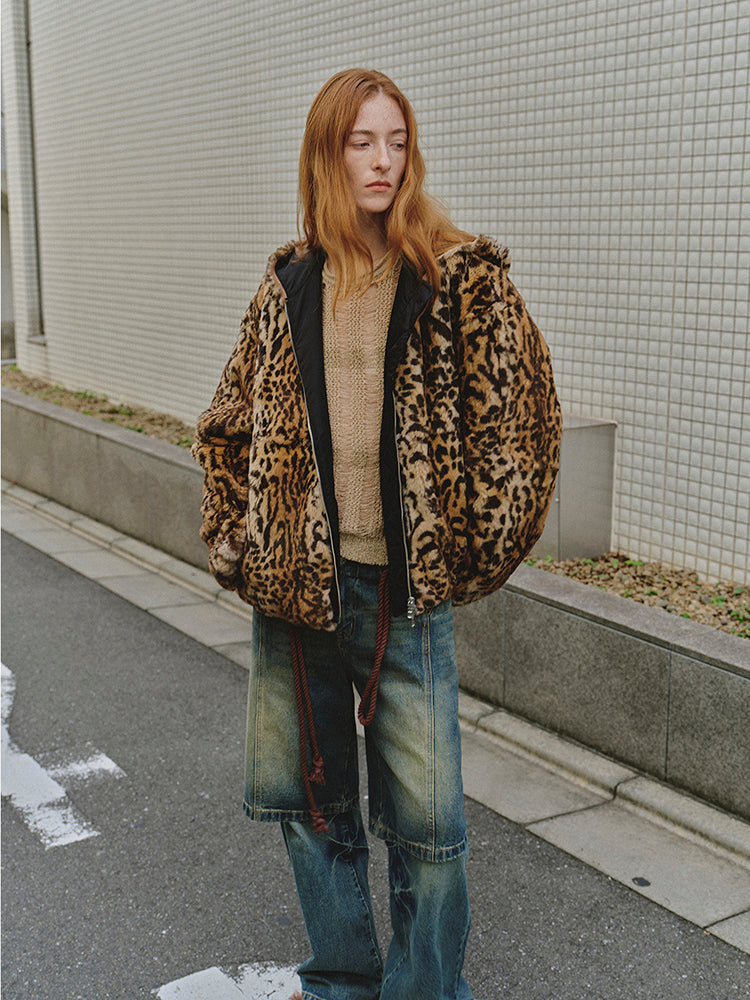 "Leopard Fantasy" Leopard Spot Print Reversible Drop Shoulder Hooded Custom Rabbit Fur Coat-1