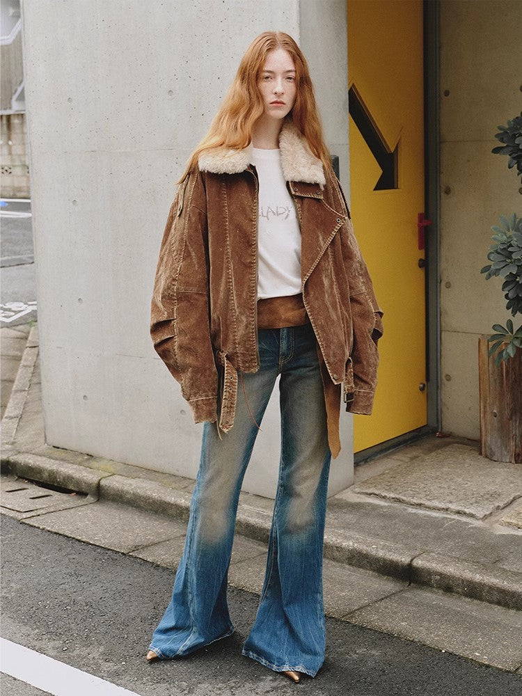 Fireladyfur Women's Distressed Denim Down Jacket | Wool Collar“City Travel”-3