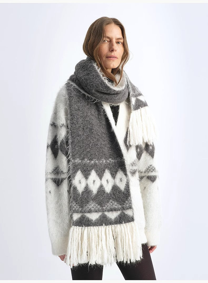 Nepal alpaca wool color clashing jacquard tassel scarf women winter warm shawl 190*27-1