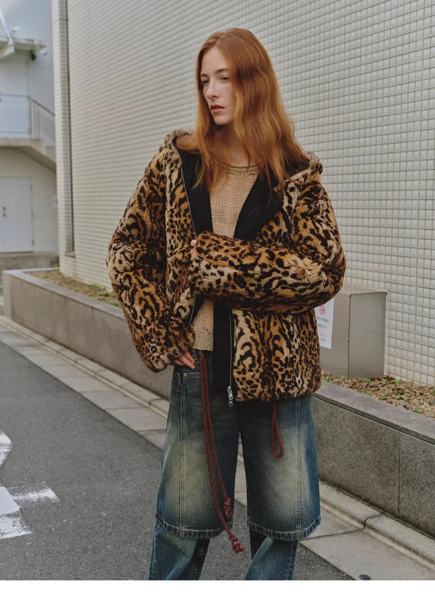 "Leopard Fantasy" Leopard Spot Print Reversible Drop Shoulder Hooded Custom Rabbit Fur Coat-4