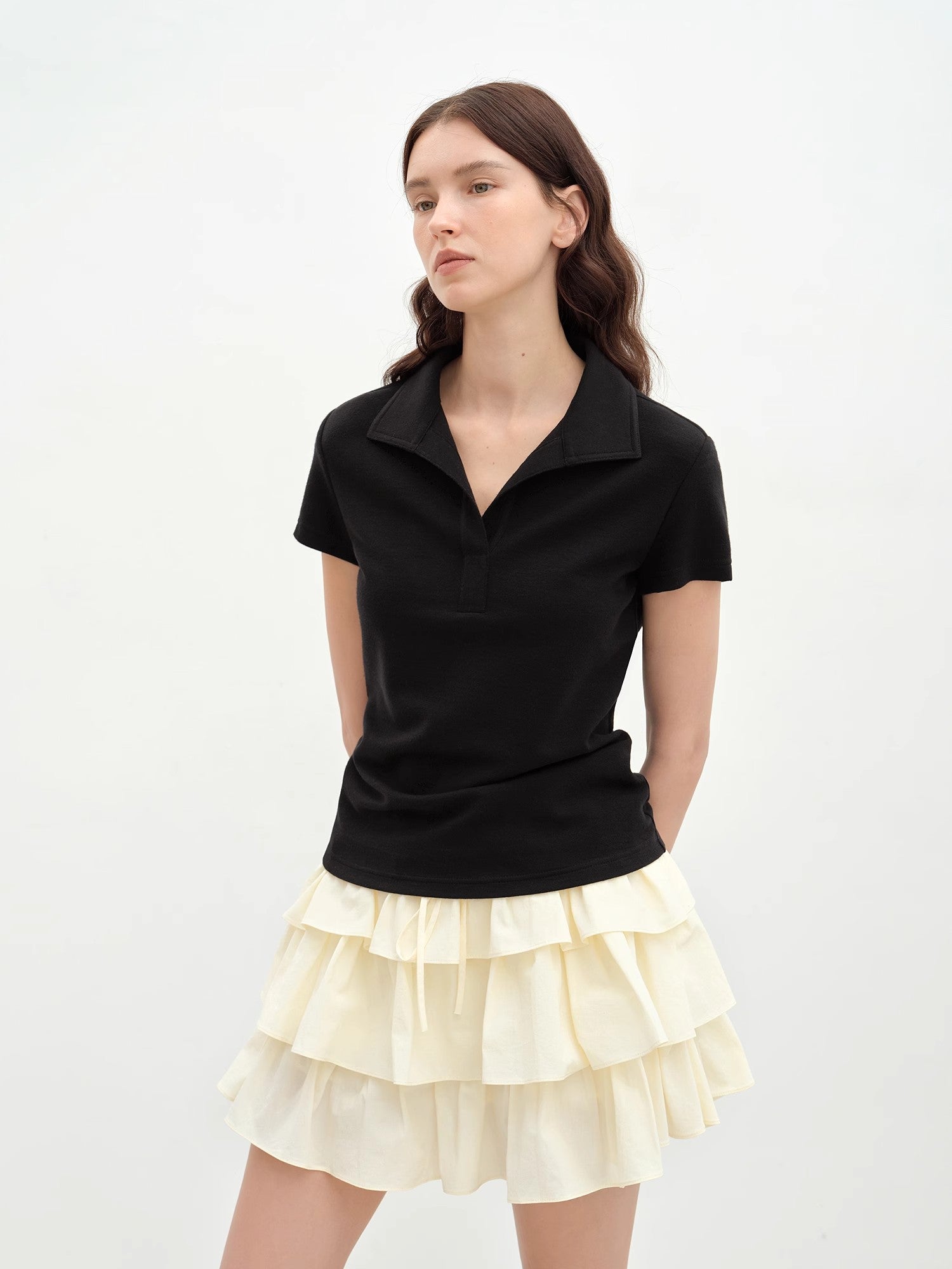 "Dublin" Lapel Straight Shoulder Slim Fit Short Sleeve T-shirt Tops Women-1