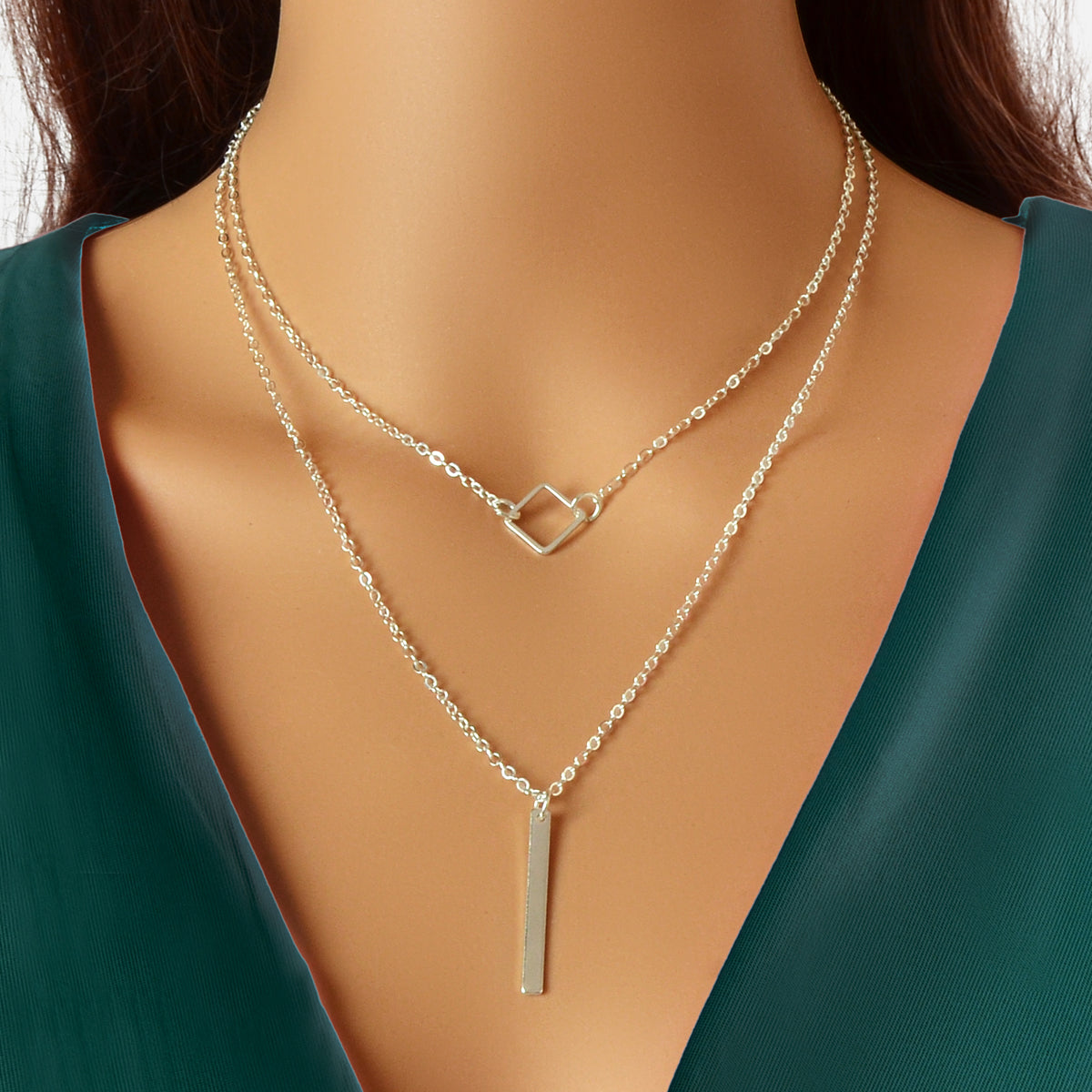 Double Layer Silver Chain Y Style Square Bar Pendant Necklace Party Accessories-0
