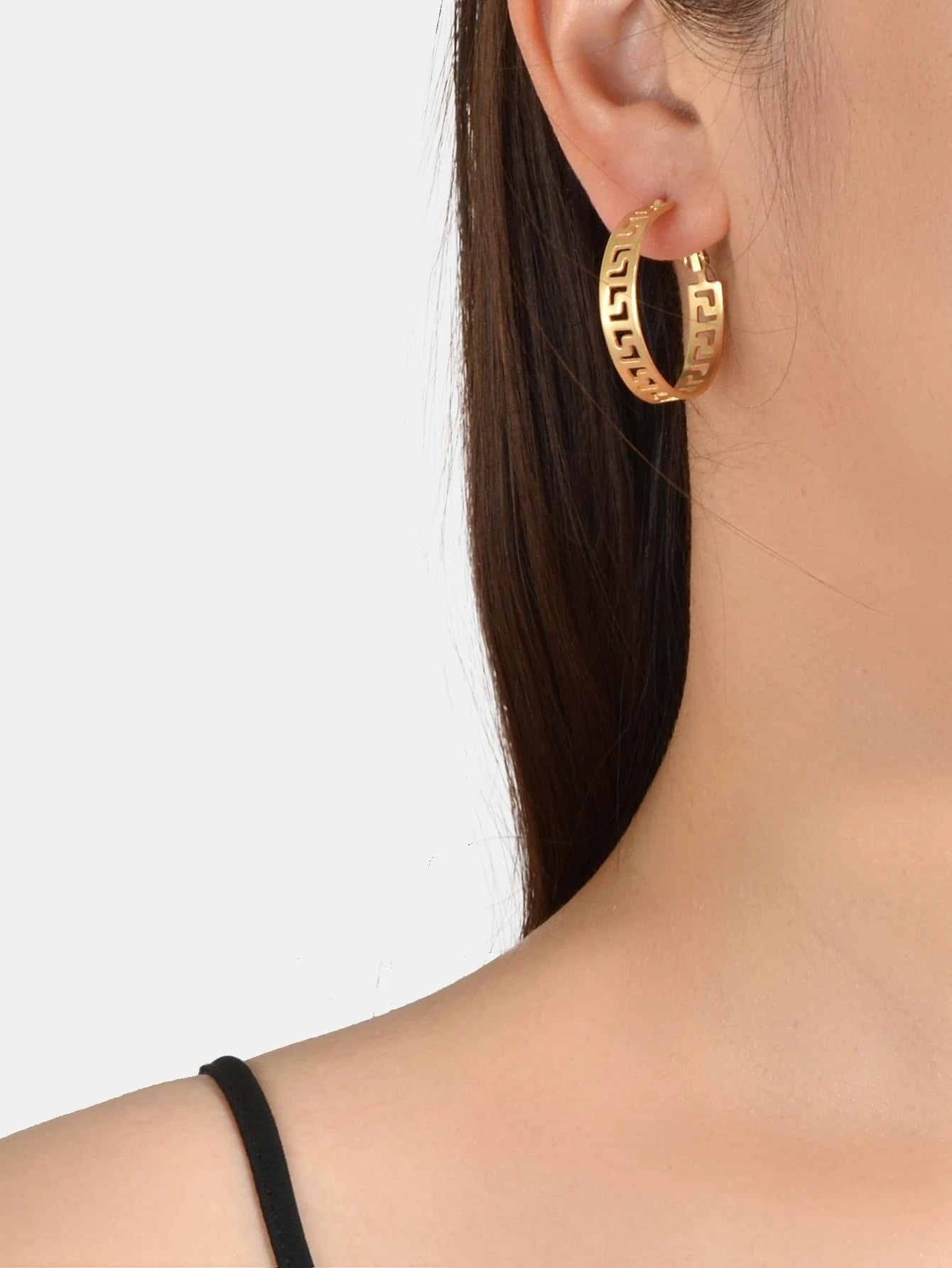 Women Gold Metal Hollow out Geometric Big Hoop Statement Earrings Accessories-0