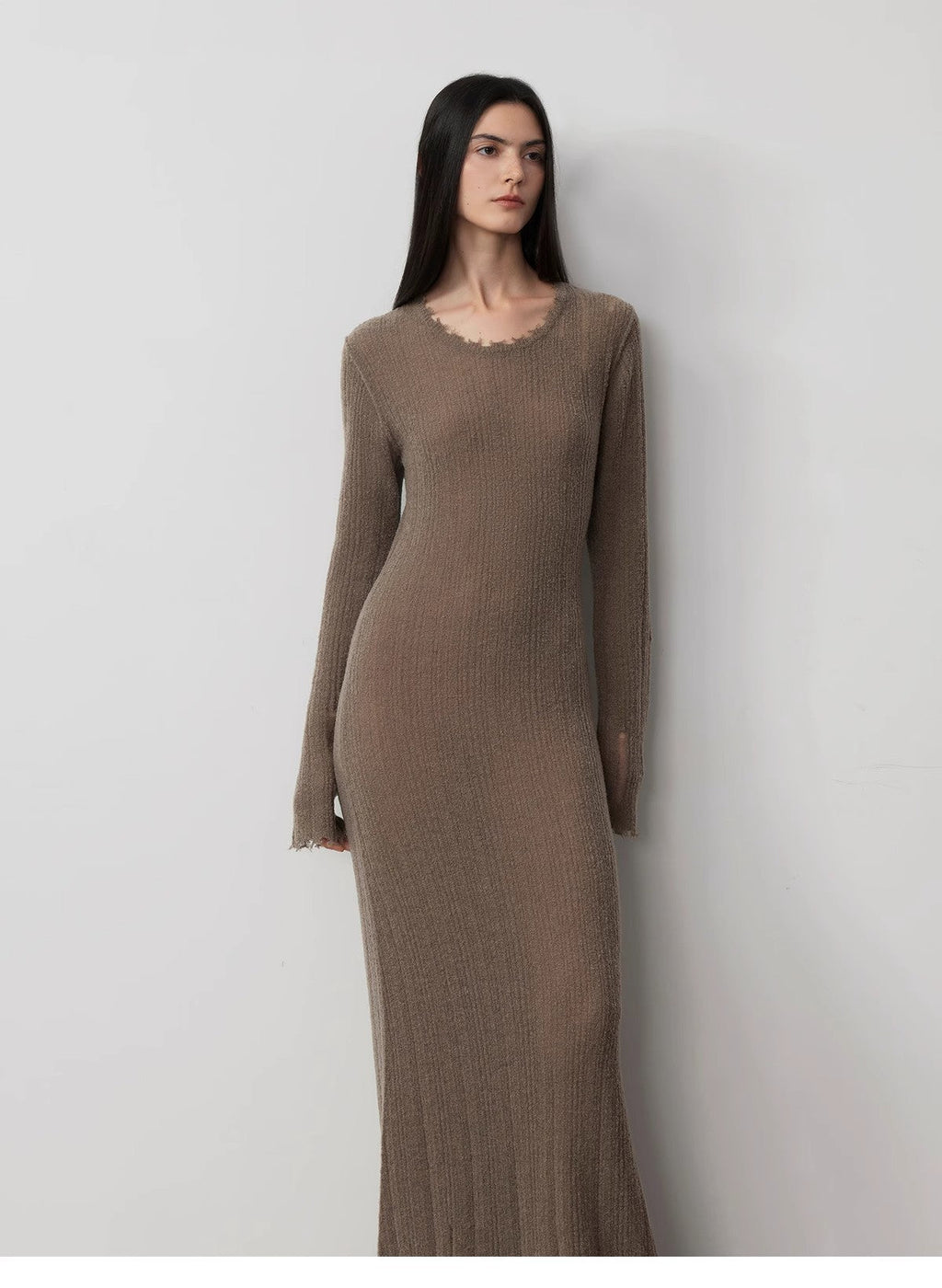 Wool looped yarn raw edge ripped and drapey long dress with a slim fit-1