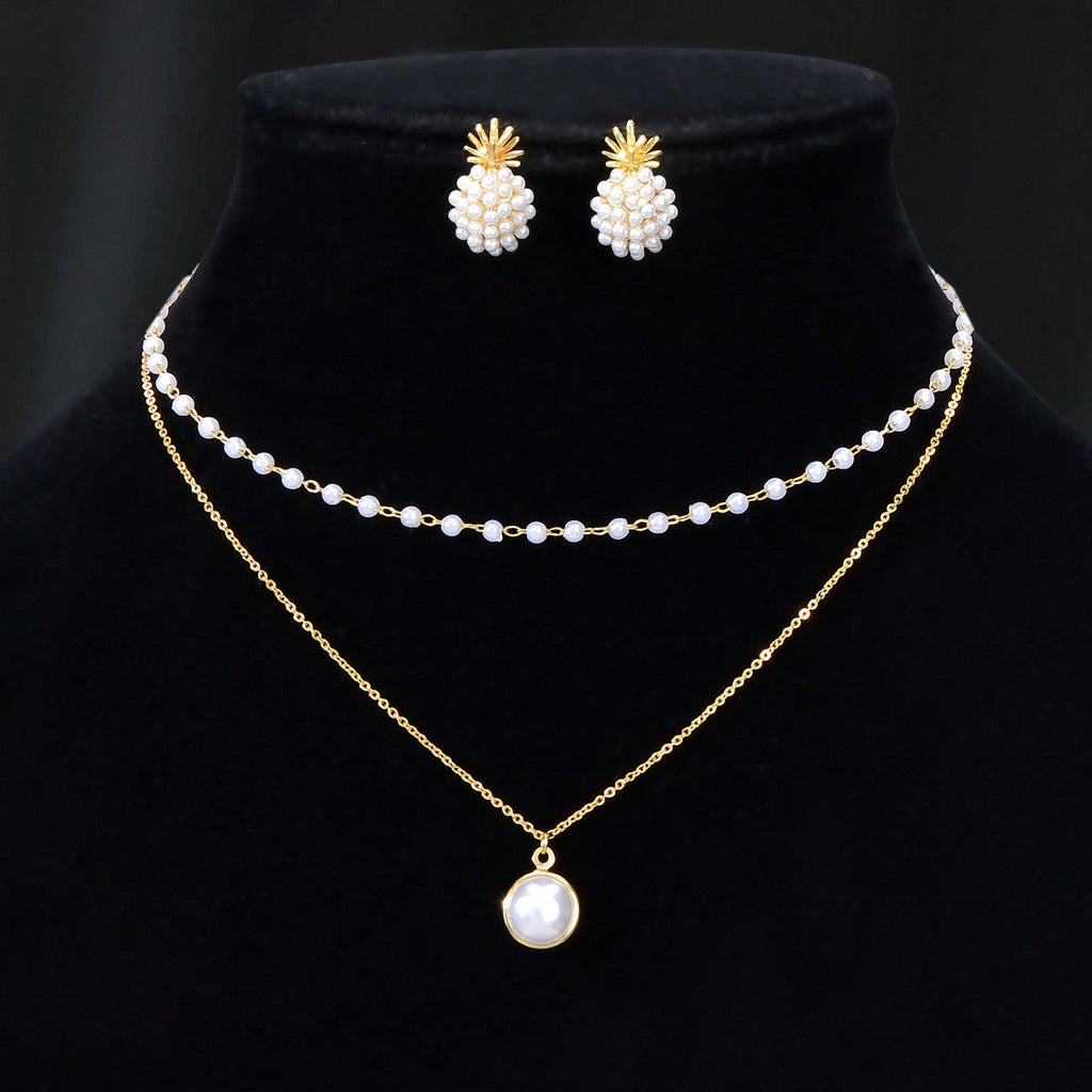Pearl Pendant Double Layer Necklace & Pineapple Pearl Earrings Jewellery Set-2