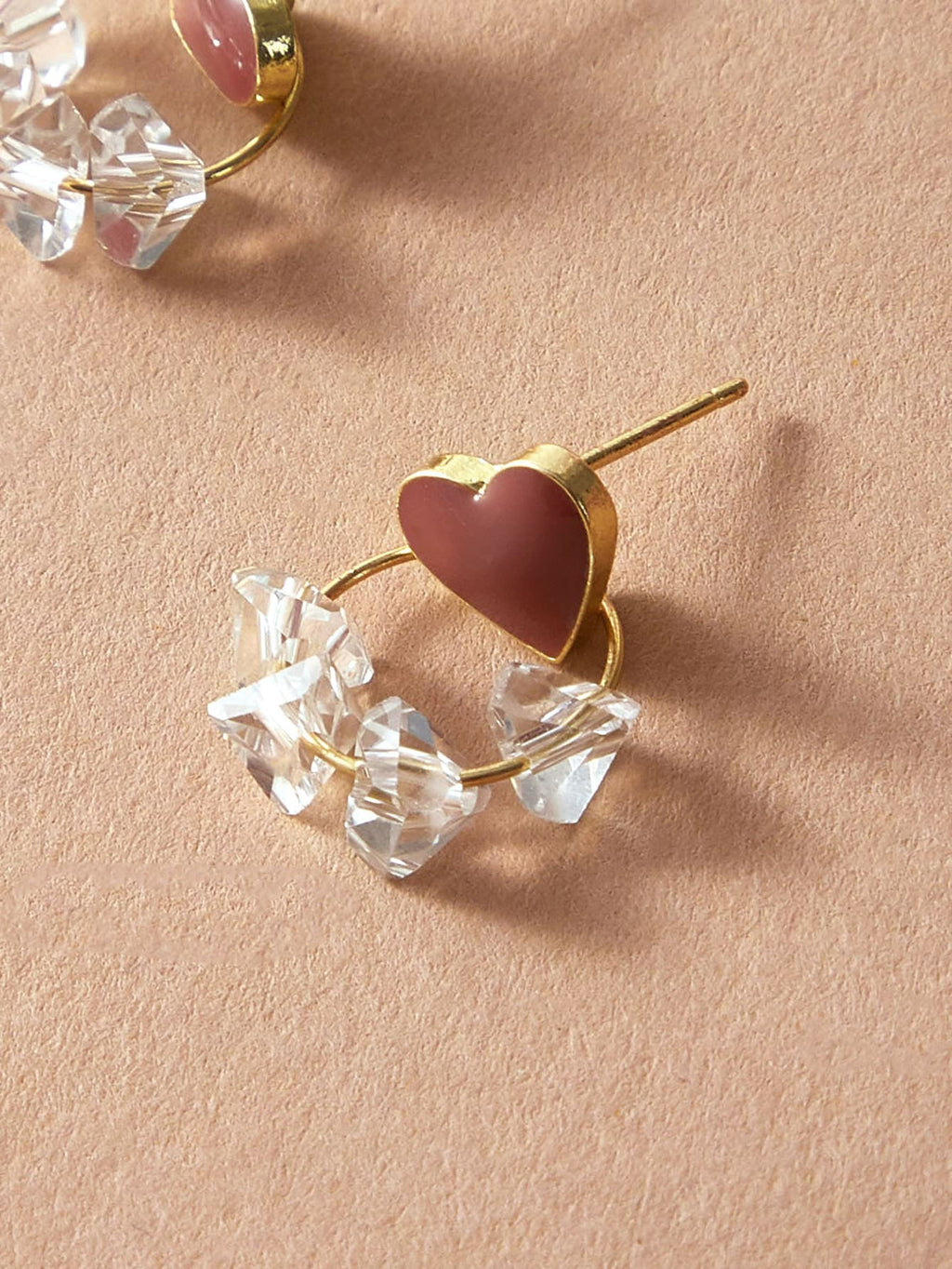 Trendy Ladies Jewellery Transparent Beads Gold Circle Red Heart Stud Earrings