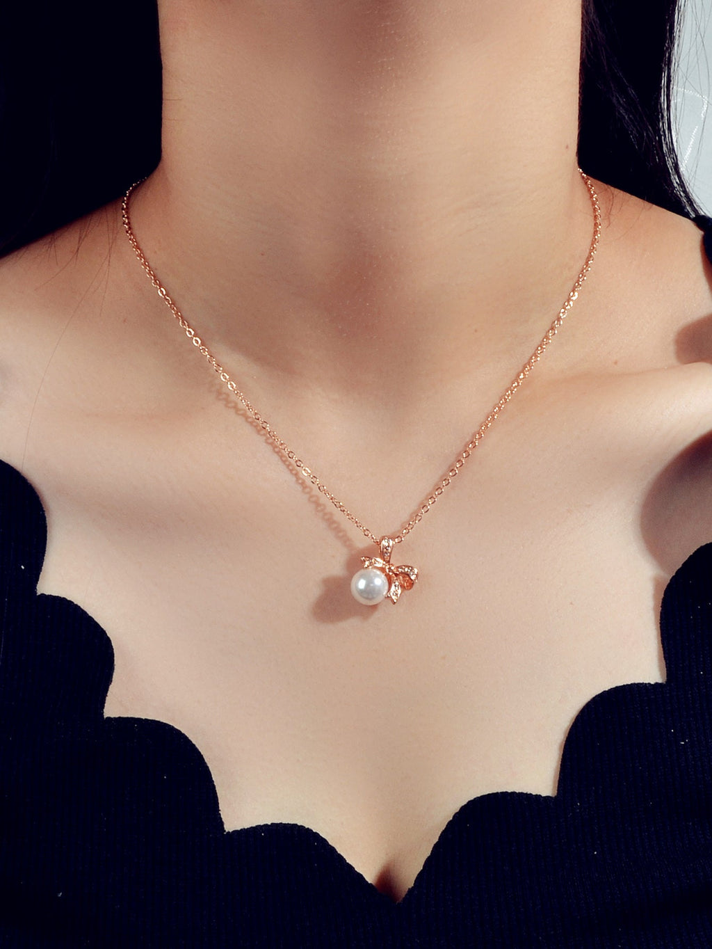 Anniversary Wedding Jewellery Rhinestone Rosegold Chain Pearl Bowknot Necklace