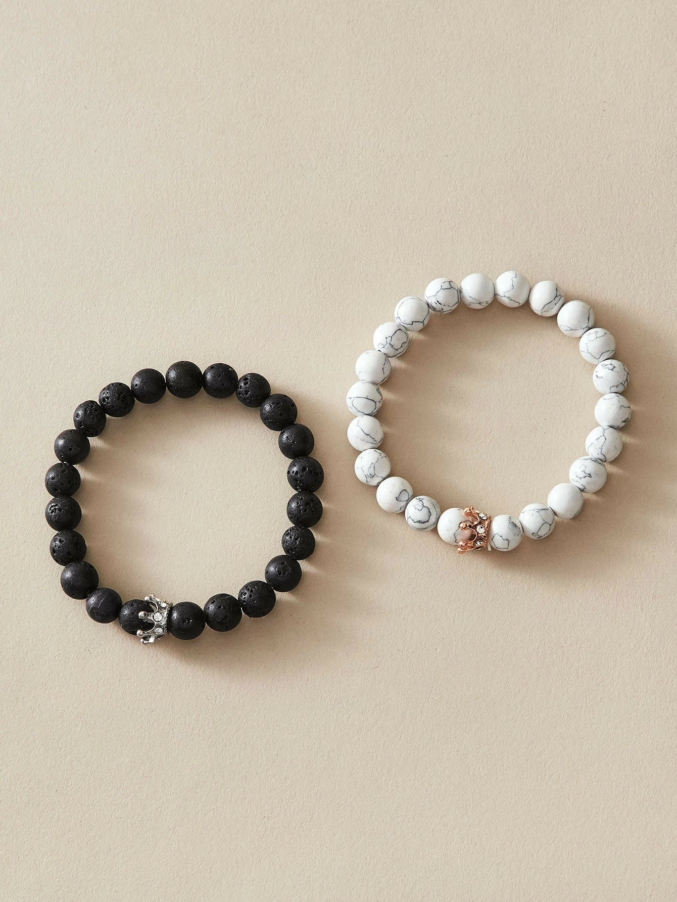 2pcs Crown Marble Lava Stone Beads Boho Ethnic Bracelet set Chunky Jewelry Gift