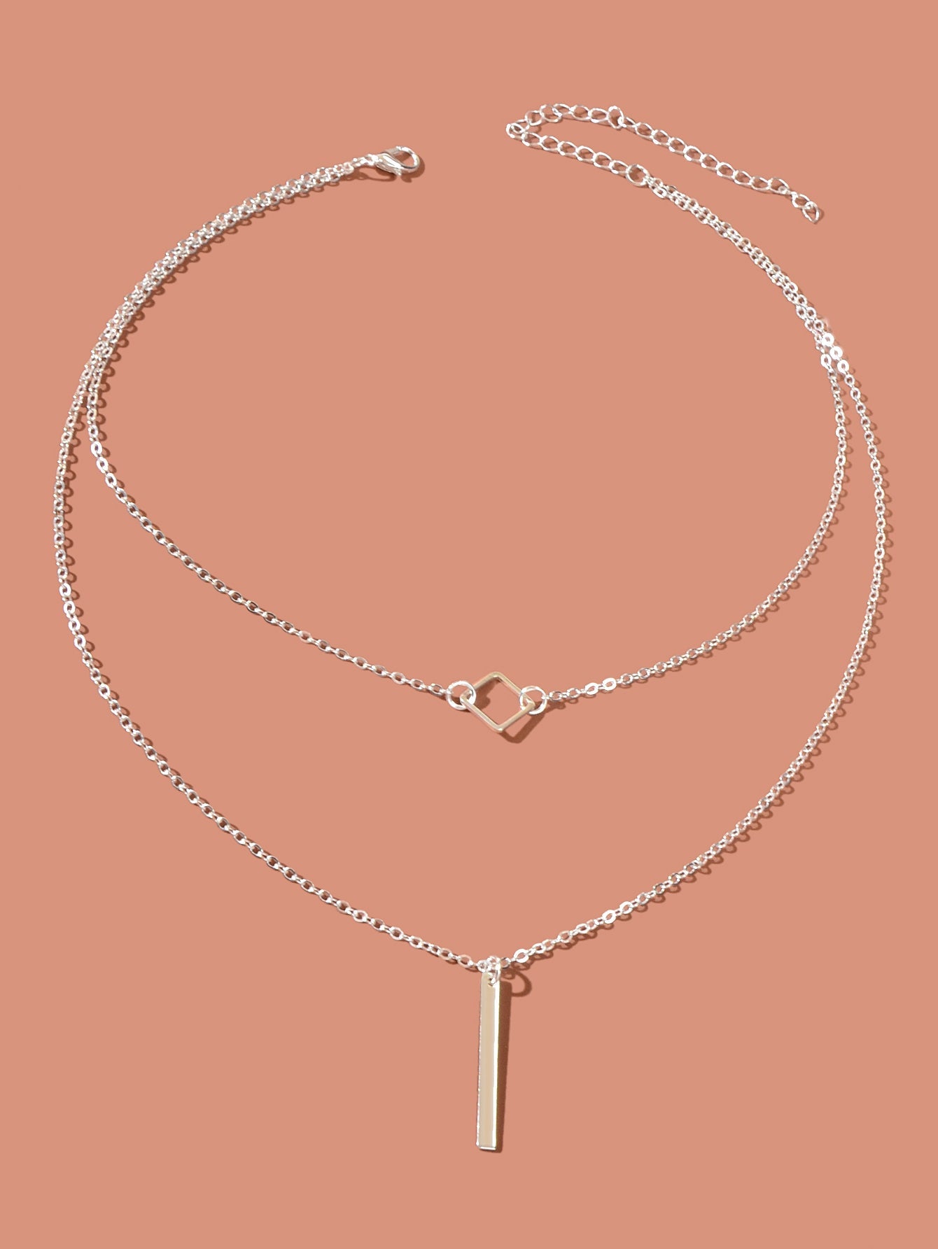 Double Layer Silver Chain Y Style Square Bar Pendant Necklace Party Accessories-1