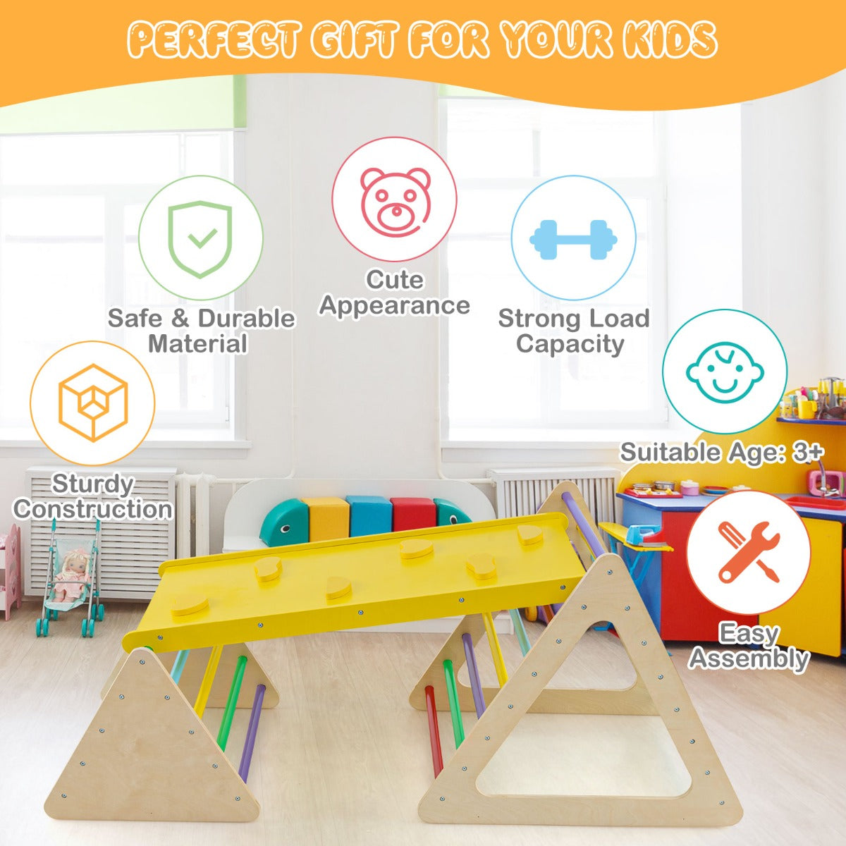 NNECW 3 in 1 Climbing Toy Set with 2 Triangle Ladders and Ramp for Toddlers-Colorful-4