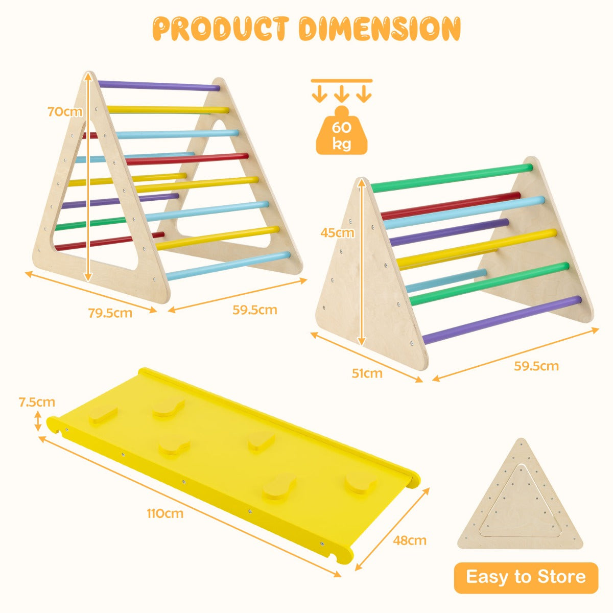 NNECW 3 in 1 Climbing Toy Set with 2 Triangle Ladders and Ramp for Toddlers-Colorful-3