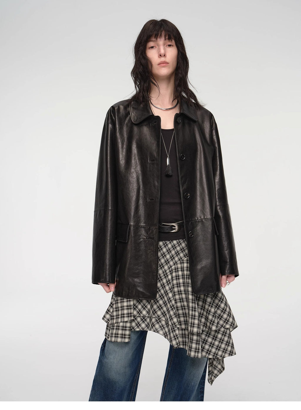 Goatskin simple and versatile retro suit-style leather windbreaker jacket "Fashionable Kosi"-1