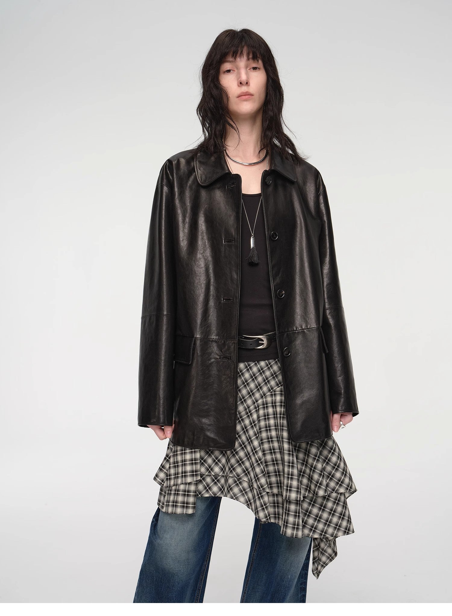 Goatskin simple and versatile retro suit-style leather windbreaker jacket "Fashionable Kosi"-1