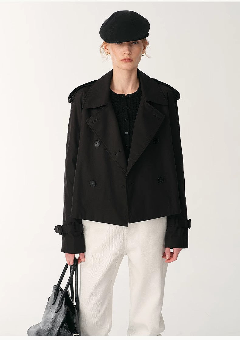 "Night Messenger" anti-wrinkle waterproof large lapel short straight box windbreaker for women-4