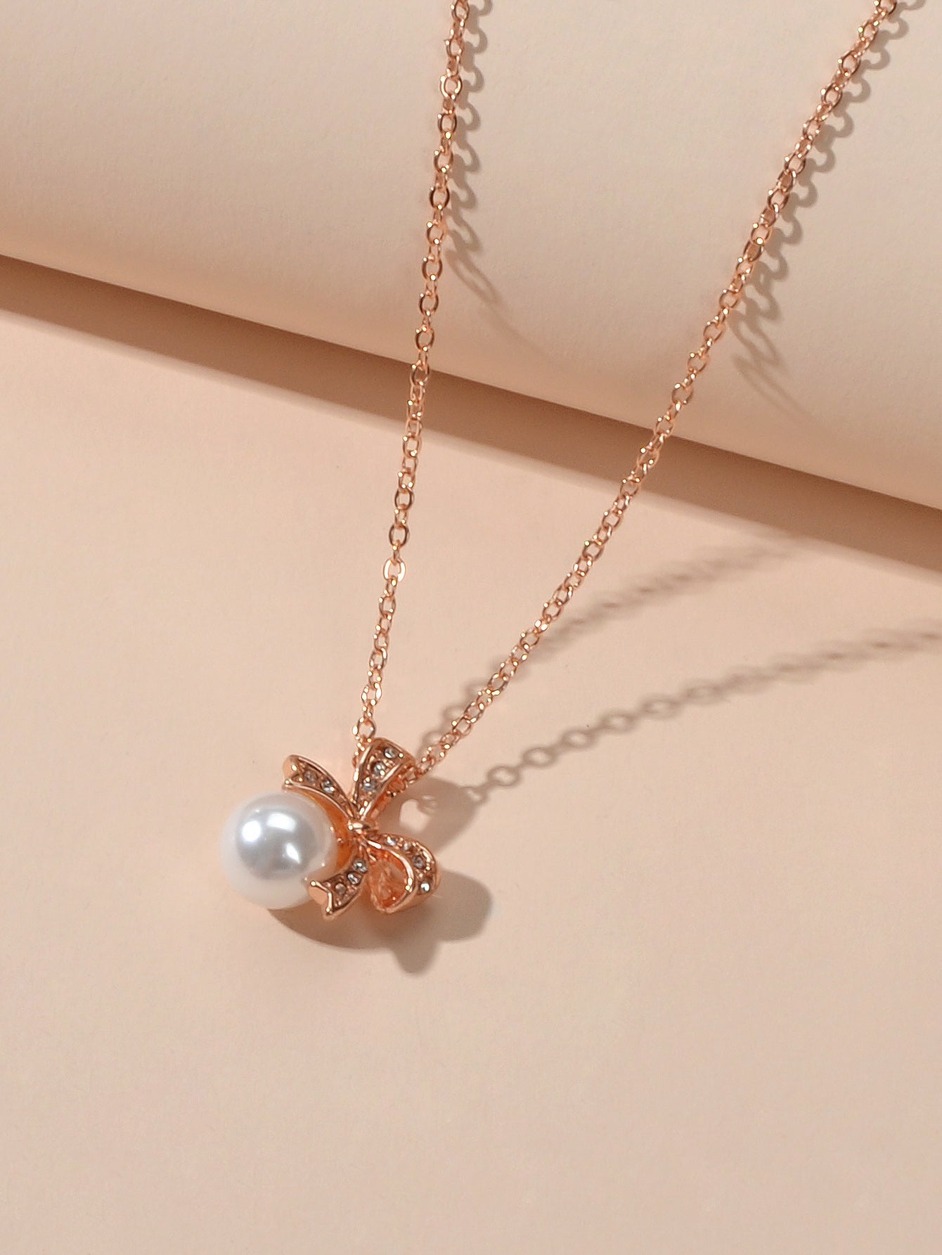 Anniversary Wedding Jewellery Rhinestone Rosegold Chain Pearl Bowknot Necklace
