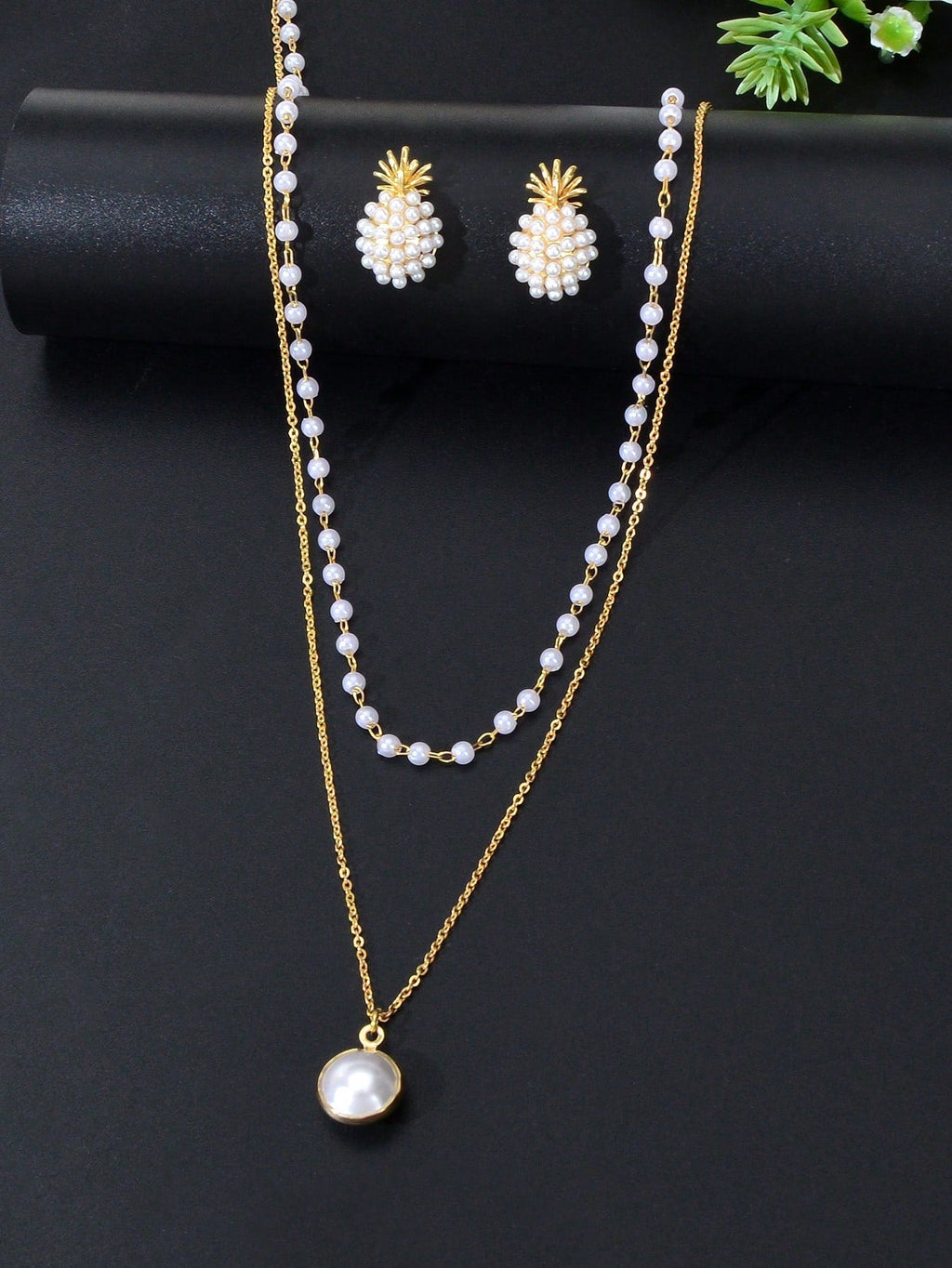 Pearl Pendant Double Layer Necklace & Pineapple Pearl Earrings Jewellery Set-3