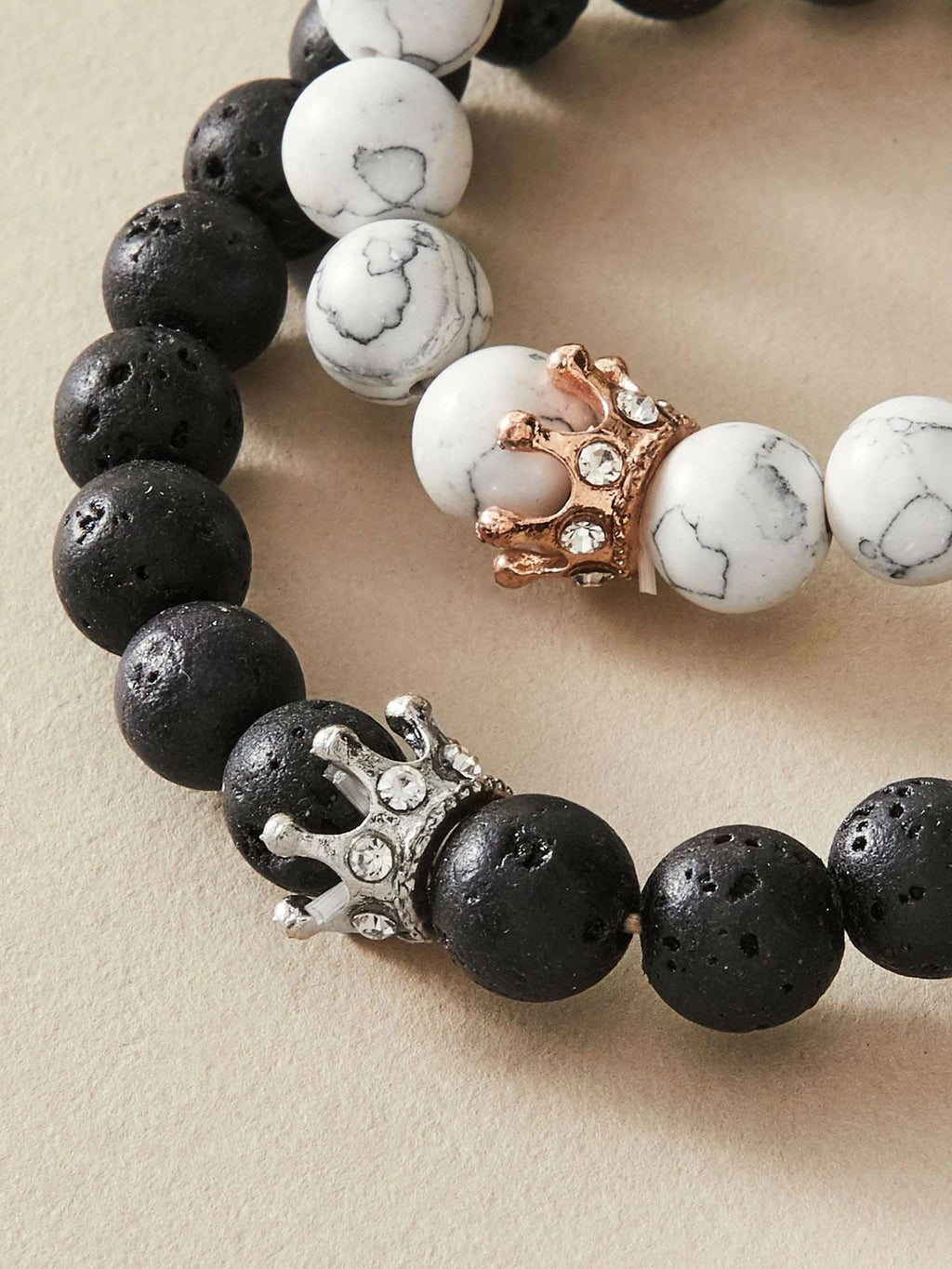 2pcs Crown Marble Lava Stone Beads Boho Ethnic Bracelet set Chunky Jewelry Gift