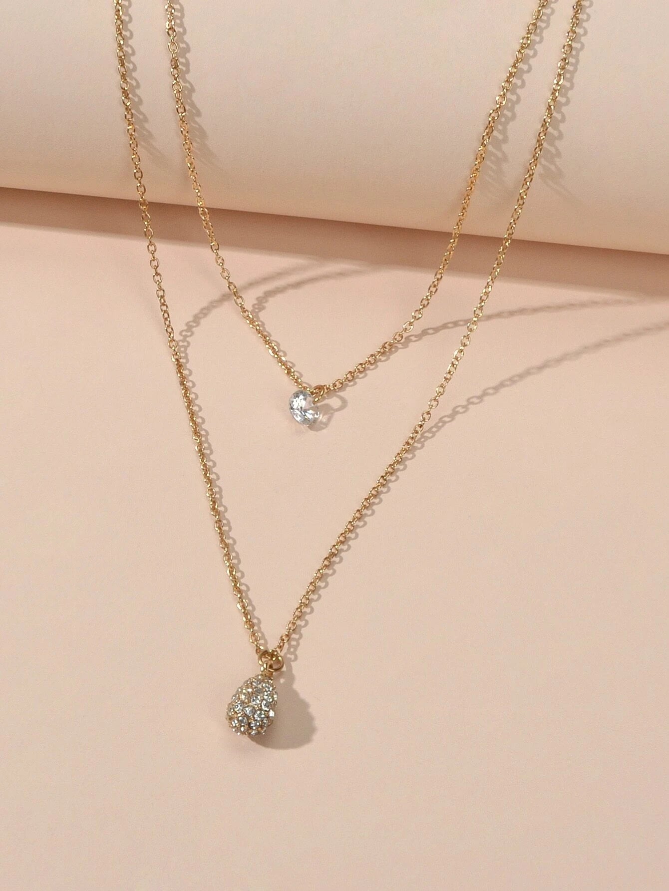 2 pcs Fashion Women Jewellery Rhinestone Decor Gold Chain Water Drop Necklace
