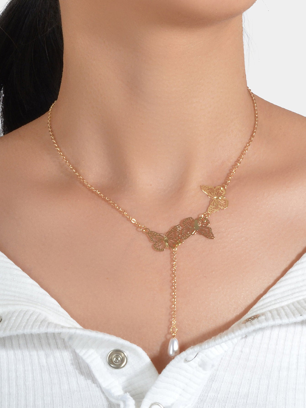 Designer Gold Butterfly Pearl Charm Personality Long Chain Dangle Y Necklace