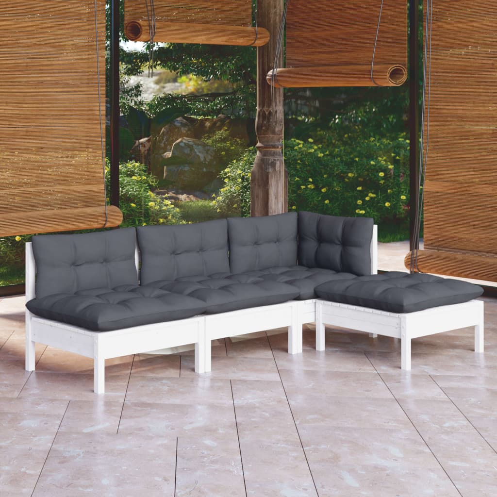 NNEVL 4 Piece Garden Lounge Set with Cushions White Pinewood-0