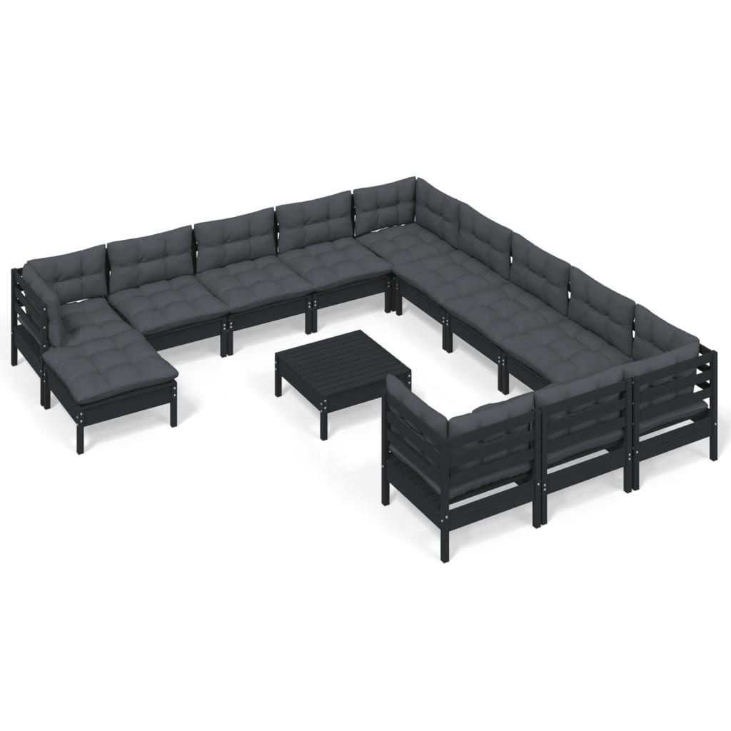 NNEVL 13 Piece Garden Lounge Set with Cushions Black Pinewood-1