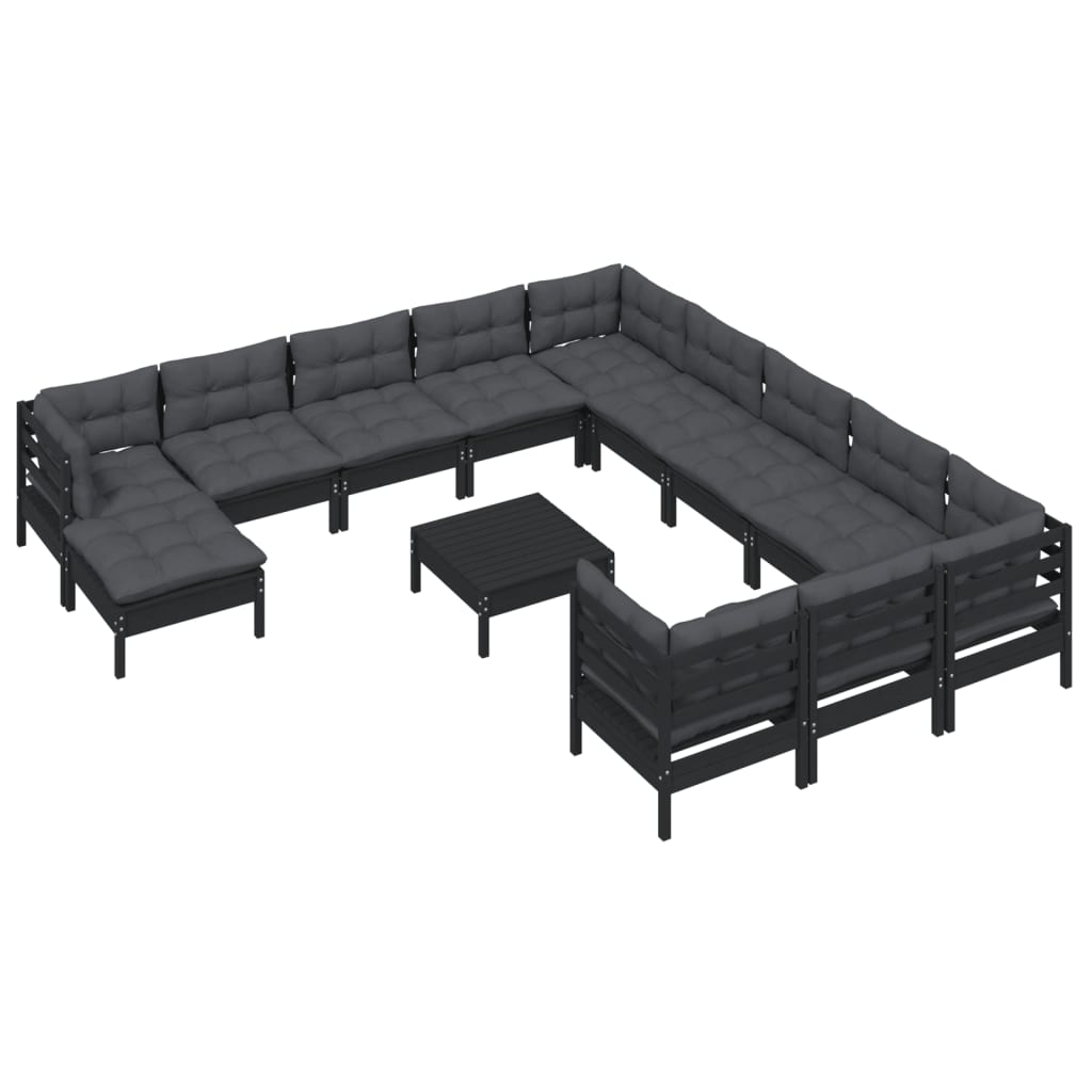 NNEVL 13 Piece Garden Lounge Set with Cushions Black Pinewood-2