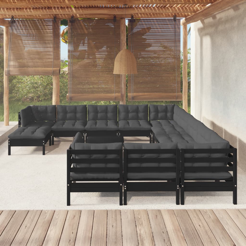 NNEVL 13 Piece Garden Lounge Set with Cushions Black Pinewood-0
