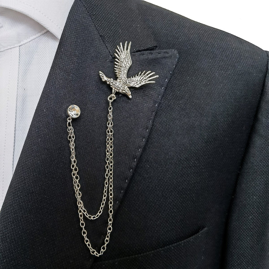 Silver Eagle Brooch Chain Lapel Pin-0
