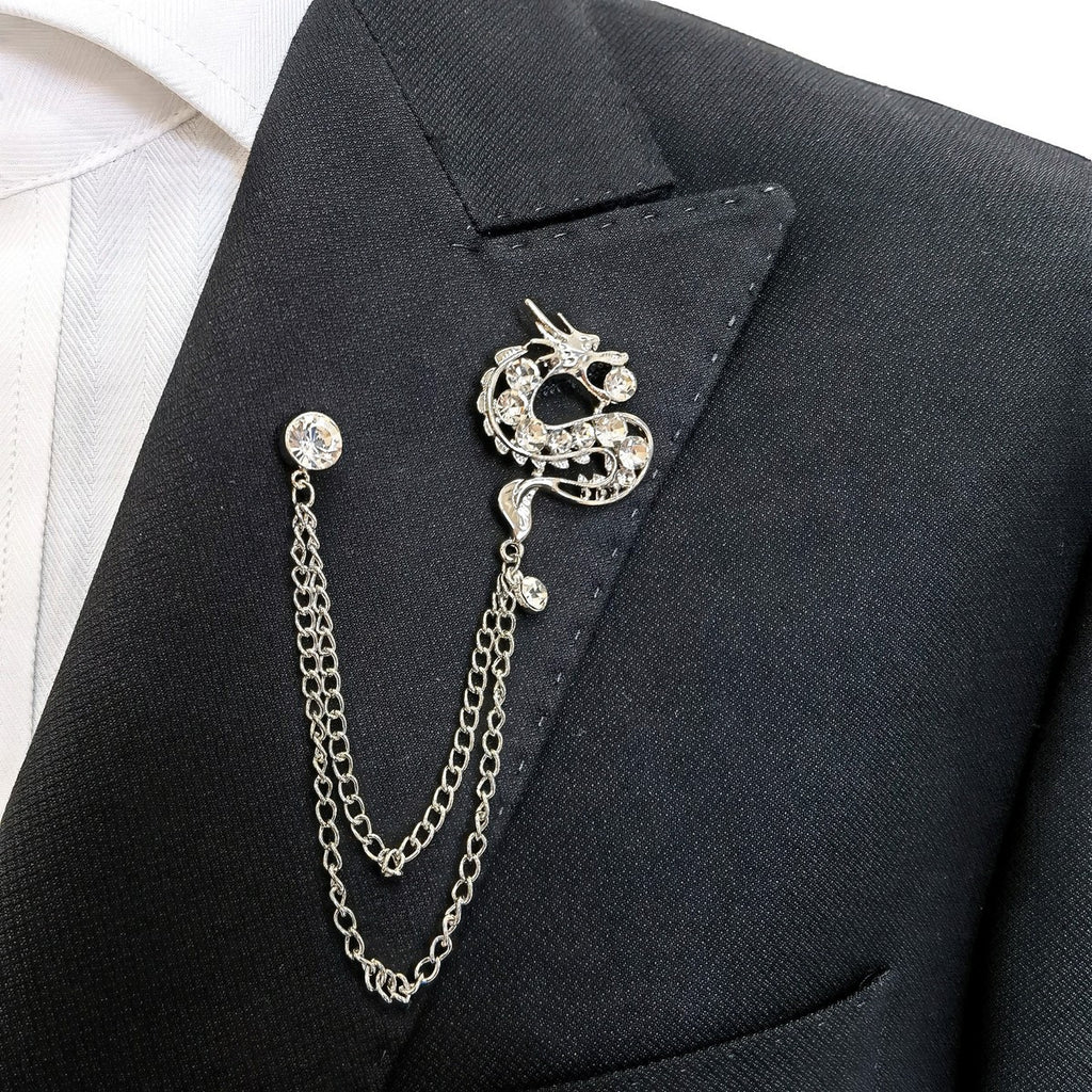 Silver Jewelled Dragon Chain Lapel Pin-1