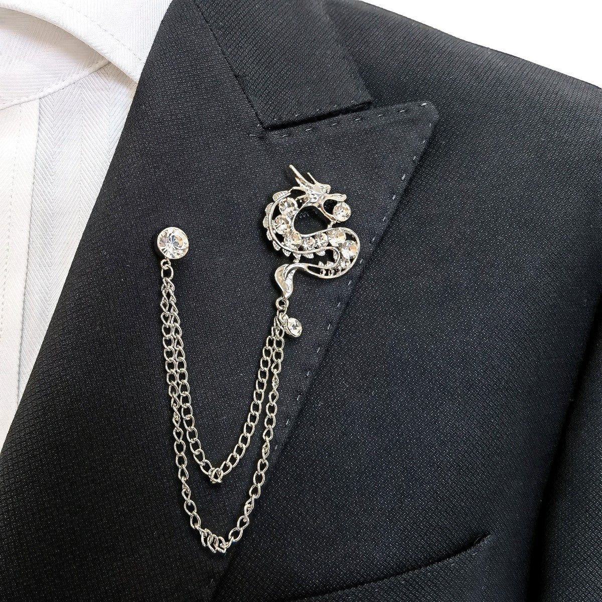 Silver Jewelled Dragon Chain Lapel Pin-1