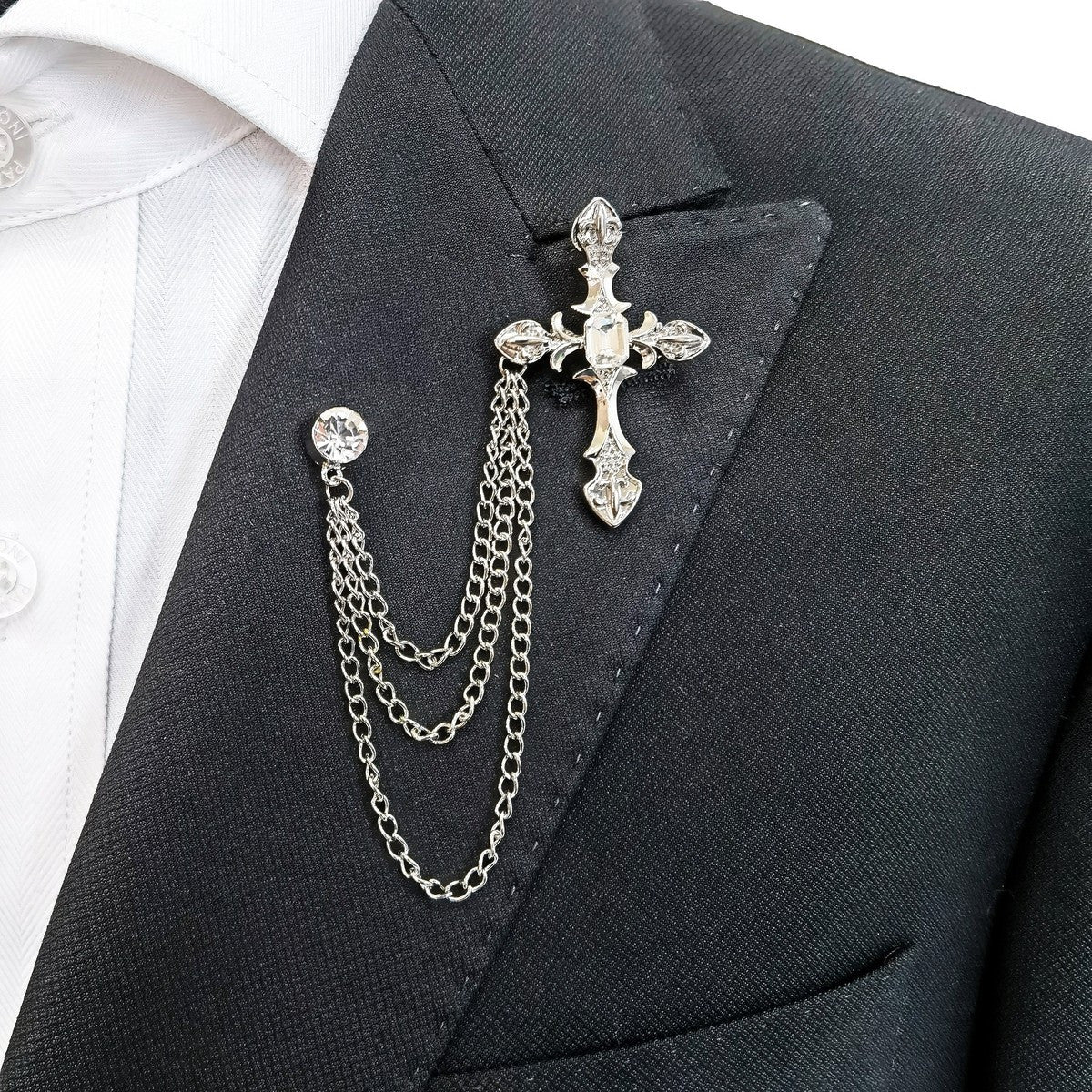 Jewelled Silver Cross Chain Lapel Pin