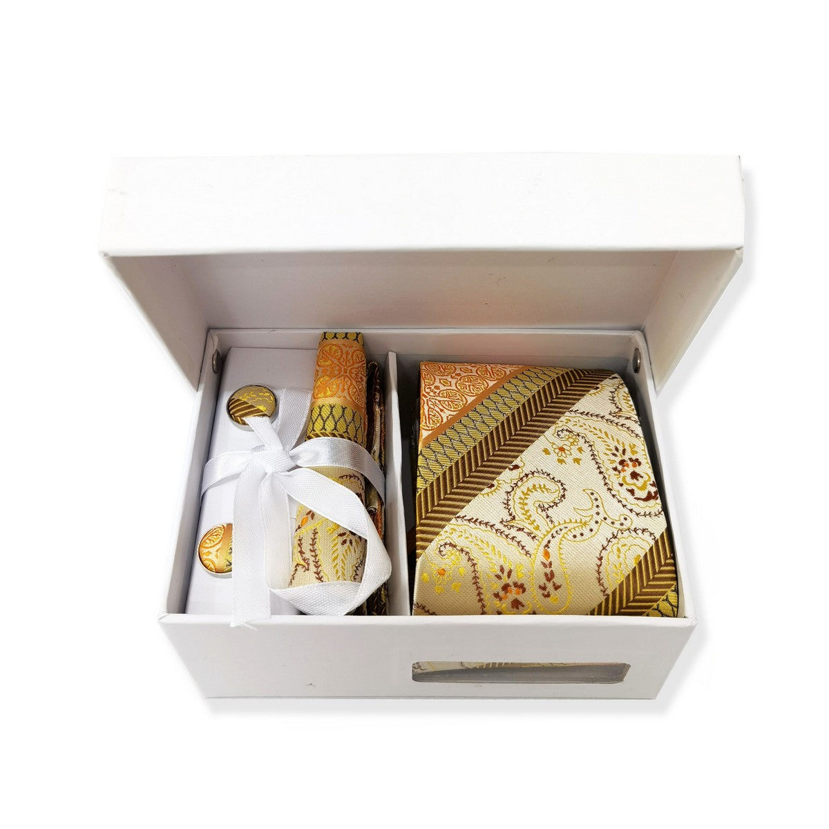 Gold Orange Striped Paisley Tie & Cufflinks Set-0