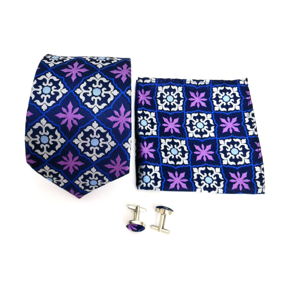 Purple Blue Geometric Pattern Tie & Cufflinks Set-0
