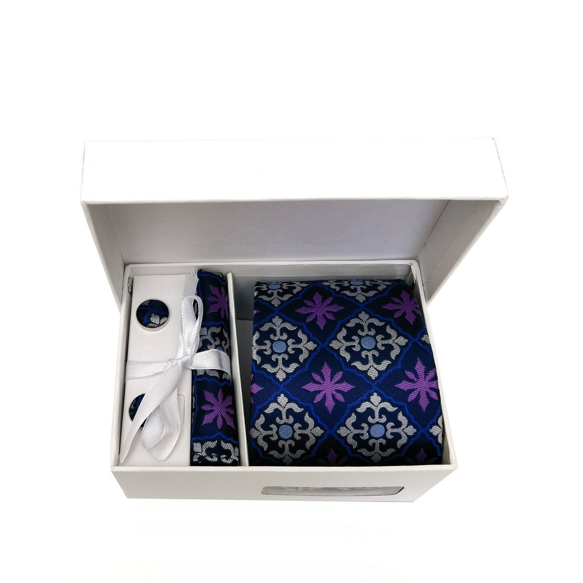 Purple Blue Geometric Pattern Tie & Cufflinks Set-1