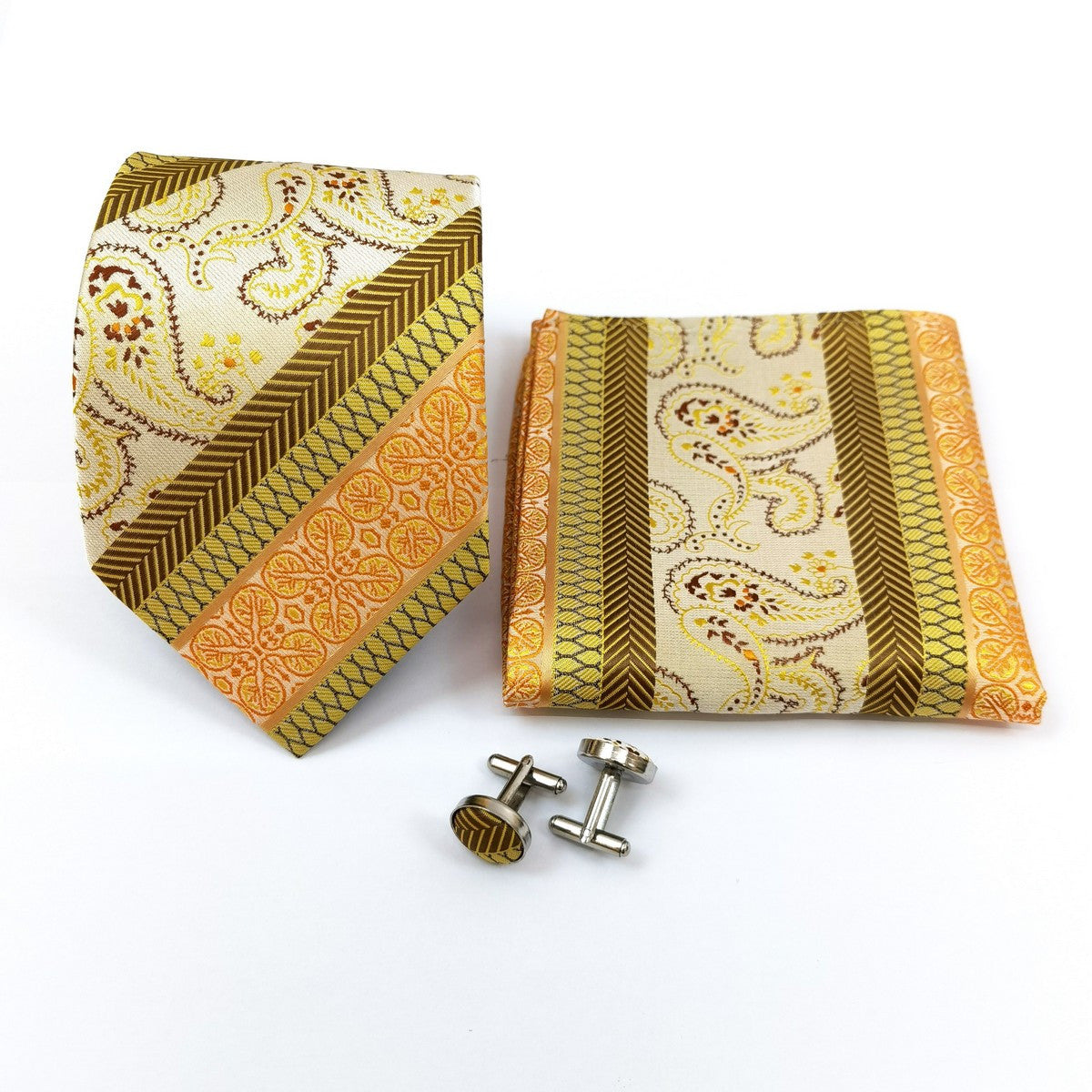 Gold Orange Striped Paisley Tie & Cufflinks Set-1