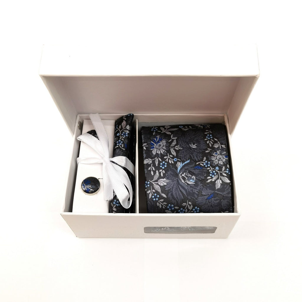 Grey Silver Floral Tie & Cufflinks Set-0