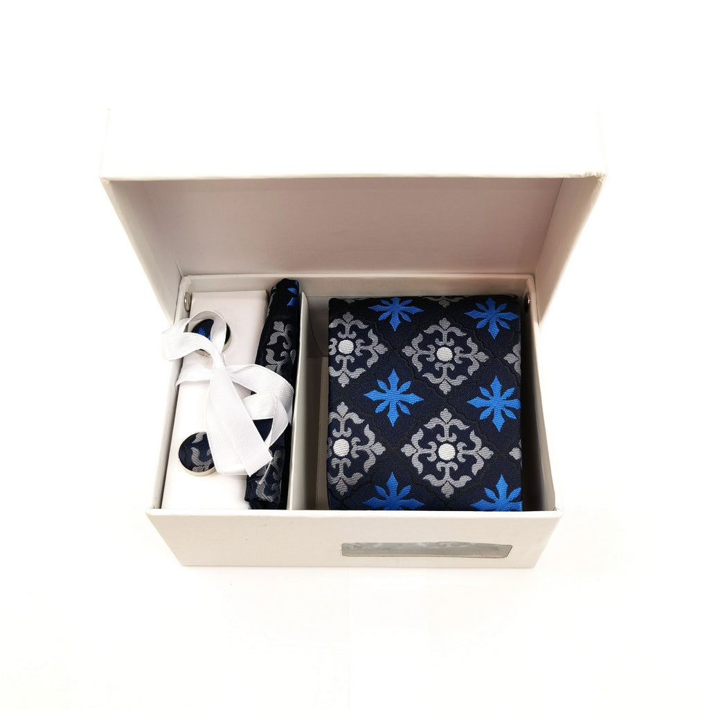 Blue Silver Geometric Tie & Cufflinks Set-0